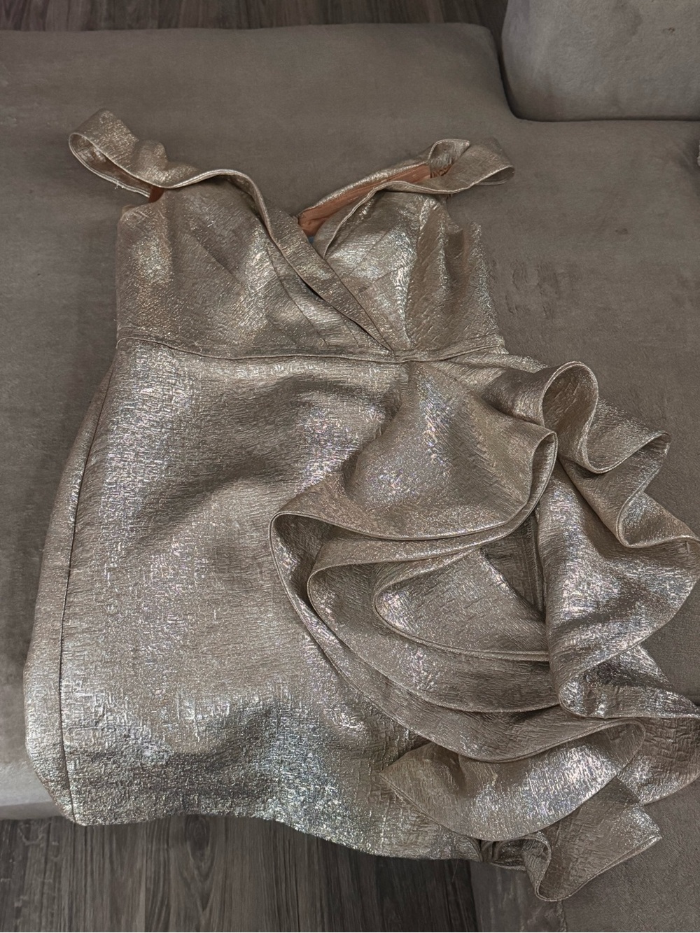 Mac Duggal Metallic Off Shoulder Side Ruffle Mini Dress - Picture 2 of 4